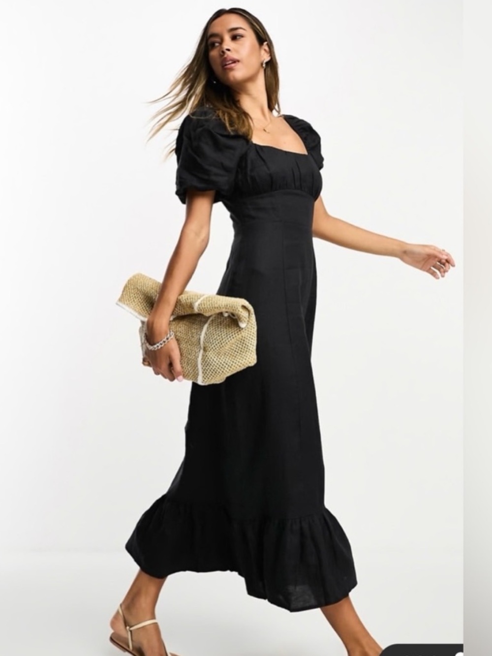 & Other Stories puff sleeve maxi linen dress in black with slit size 8 NWT
